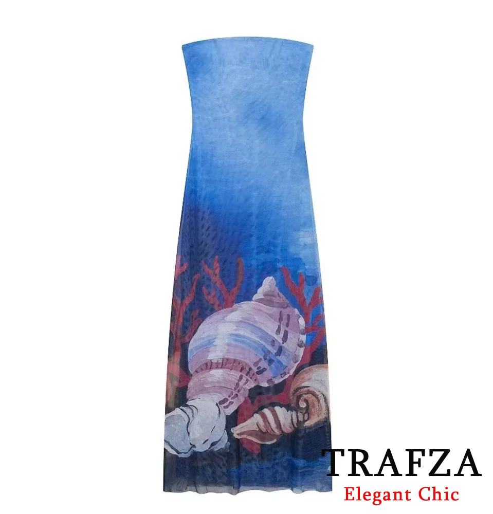 TRAFZA-Women Fashion Printed Tulle Dress Tube Top Stretch Dress New 2024 Spring Summer Y2K High Street Holiday Dress