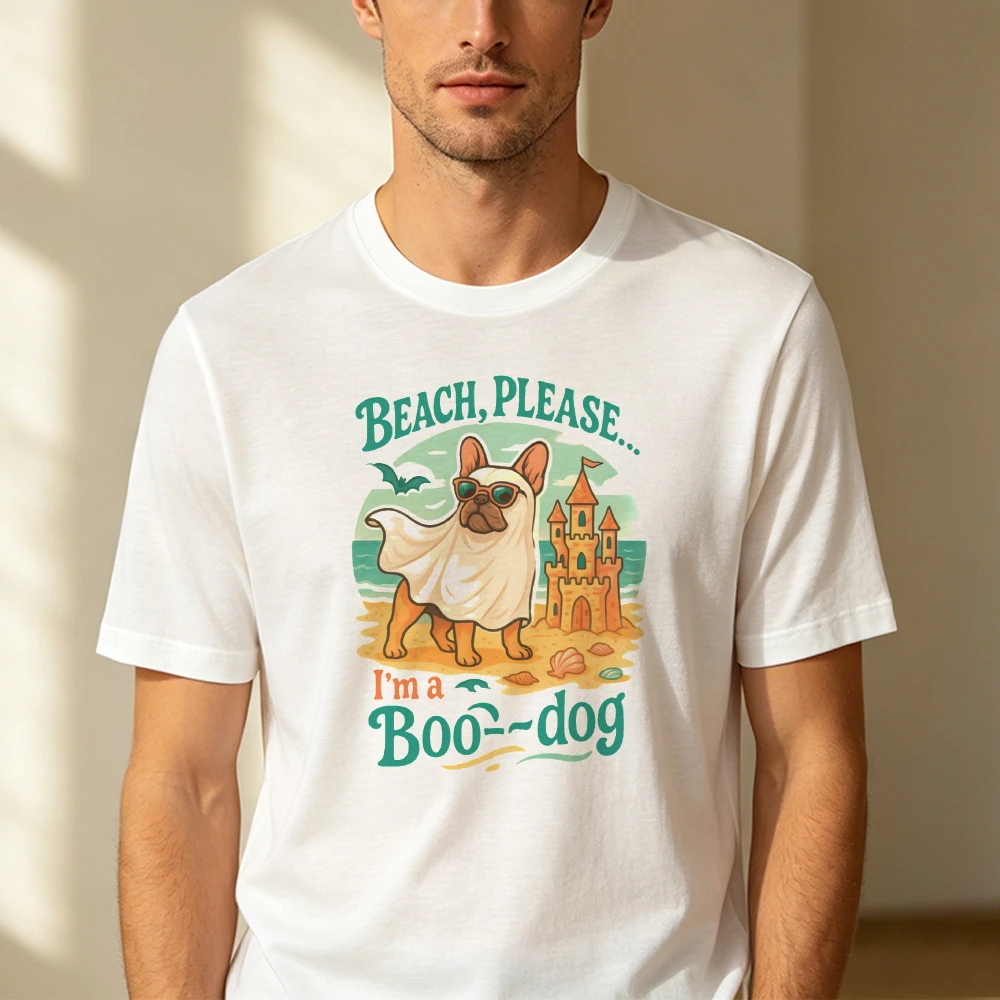 Beach Please I Am A Boo Dog French Bulldog Ghost Sandcastle Men T Shirt Halloween Dog Lover Tropical Holiday Travel Tee