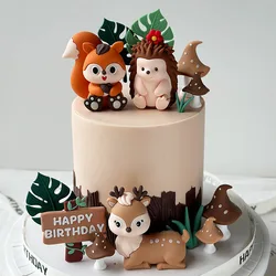 Woodland Animal Cake Toppers Hedgehog Squirrel Fawn Cake Topper Jungle Safari Kids Birthday Cake Decor tree leaves Accessories