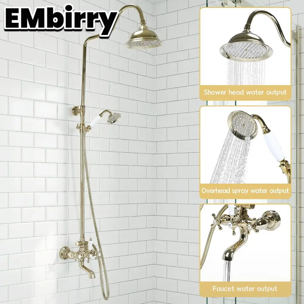 

Antique Shower Head System with Knobs Mixer Tap Wall Mount Vintage Rainfall and Handheld Spray Faucet Sets Shower Head