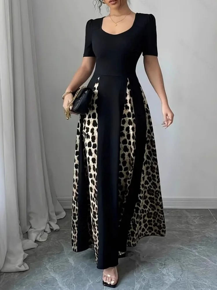 

Wmstar 2025 New Women Fashionable Elegant Plus Size Dress Short Sleeve U Neck Black Leopard Print Patchwork Plus Size Dress