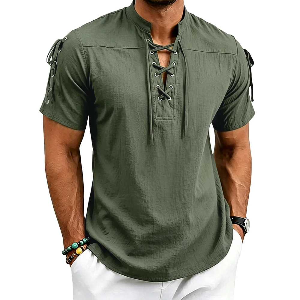 Sommerliches neues Herren-Kurzarmhemd aus Baumwolle, modisches Schnür-Oberteil mit Henley-Ausschnitt, Vintage-Piratenkostüm, leichte T-Shirts
