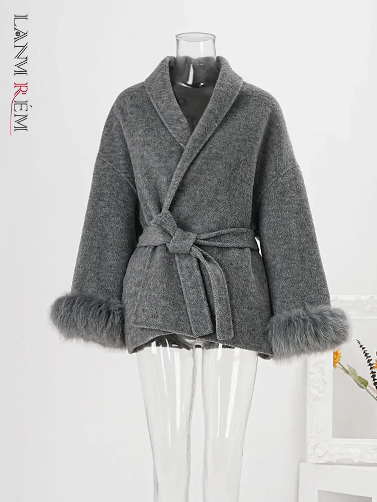 

LANMREM Winter New Woolen Coat Women Fashion Feather Spliced Design Belt Gathered Waist Office Lady Clothing 2024 CPG1864