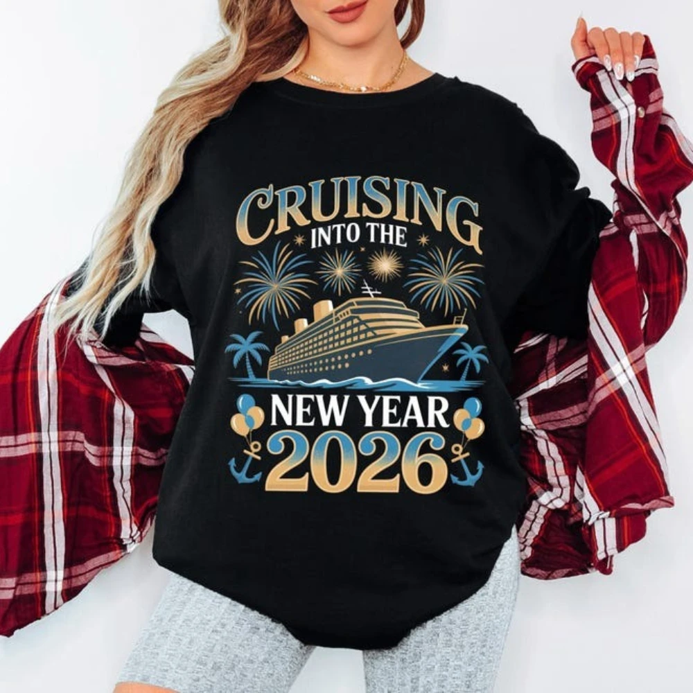

Cruising Into The New Year 2026 T-shirt Cruise Vacation Matching Family Outfit Shirt New Year's Eve Cruise Gift Men Women Tops