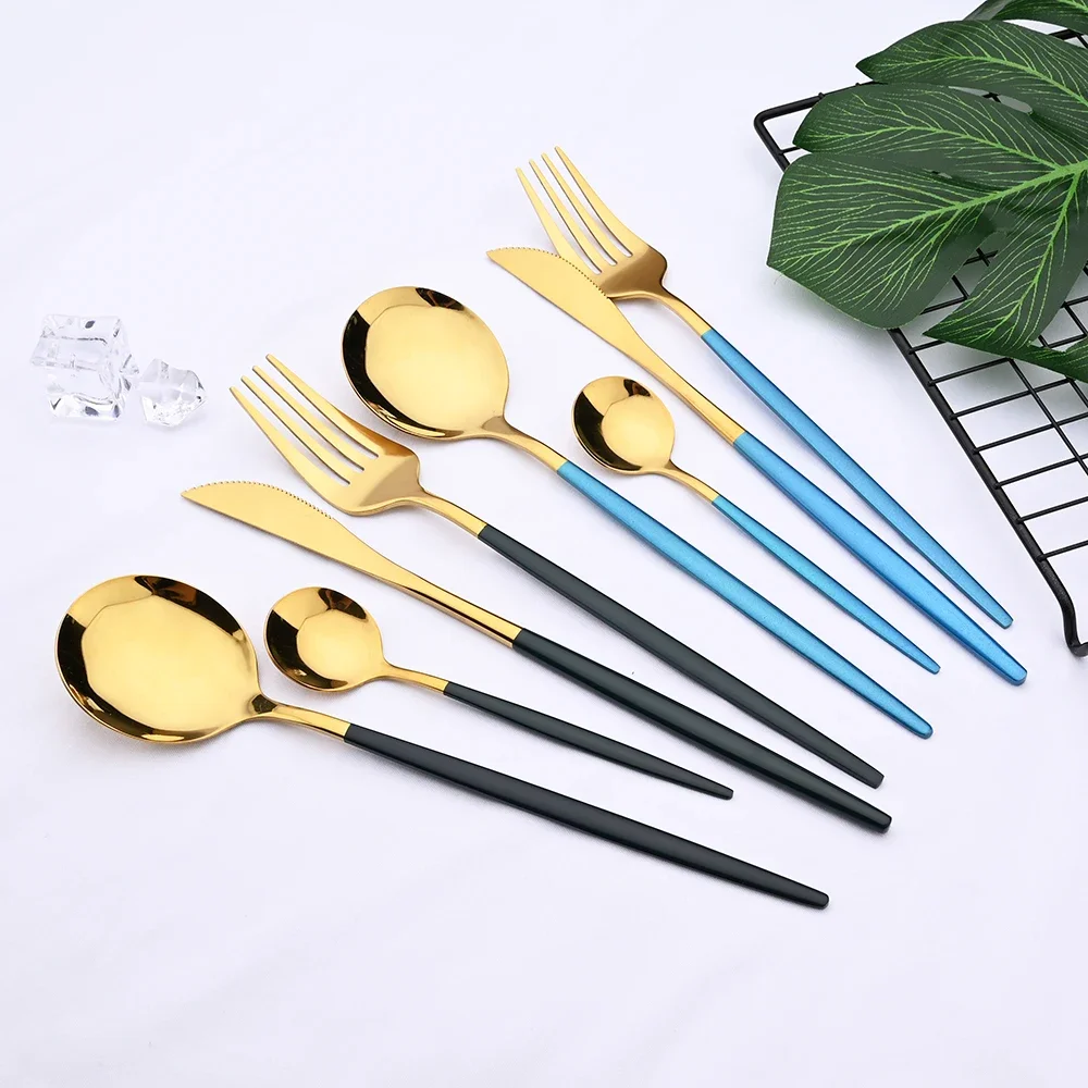 16Pcs Blue Mirror Dinnerware Cutlery Set Stainless Steel Dinner Flatware Fork Knife Spoon Party Tableware Set Kitchen Silverware