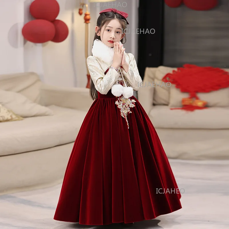 2026 Red Girls Party Dress Kids Birthday Princess Gown Chinese Style Children Host Flower Girl Wedding Piano Performance Outfit
