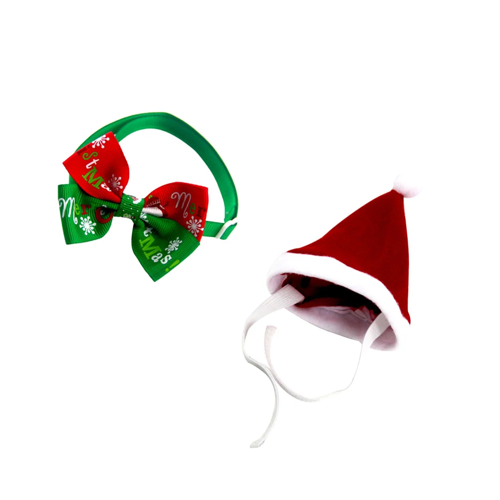 Set di cappelli natalizi per animali domestici da 2 pezzi Costume per animali alla moda con colletto con fiocco e cappello per cani Gatti Festa di nozze Abbigliamento festivo