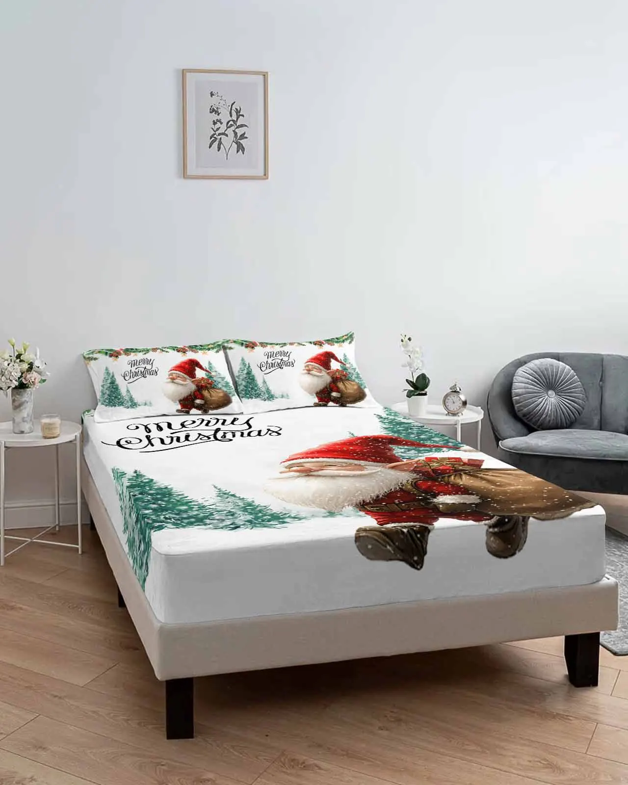 Christmas Tree Watercolor Goblin Gift Queen Size Bed Mattress Fitted sheet Elastic Rubber Band Non-slip Bed Sheet Pillowcase Set