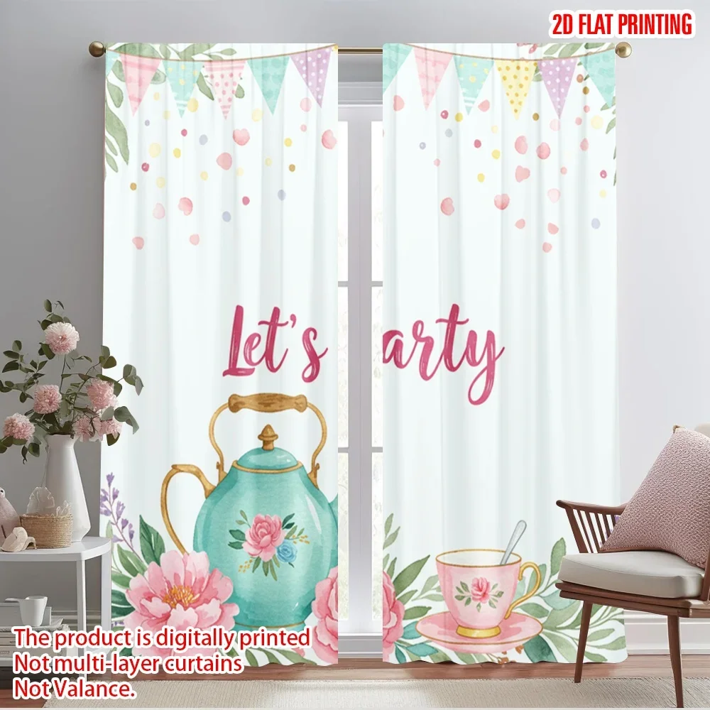 2pcs 2D flat printing Party Curtain Tea Party Banners Cupcakes 100% Polyester Fabric Without Electricity Birthday Party for