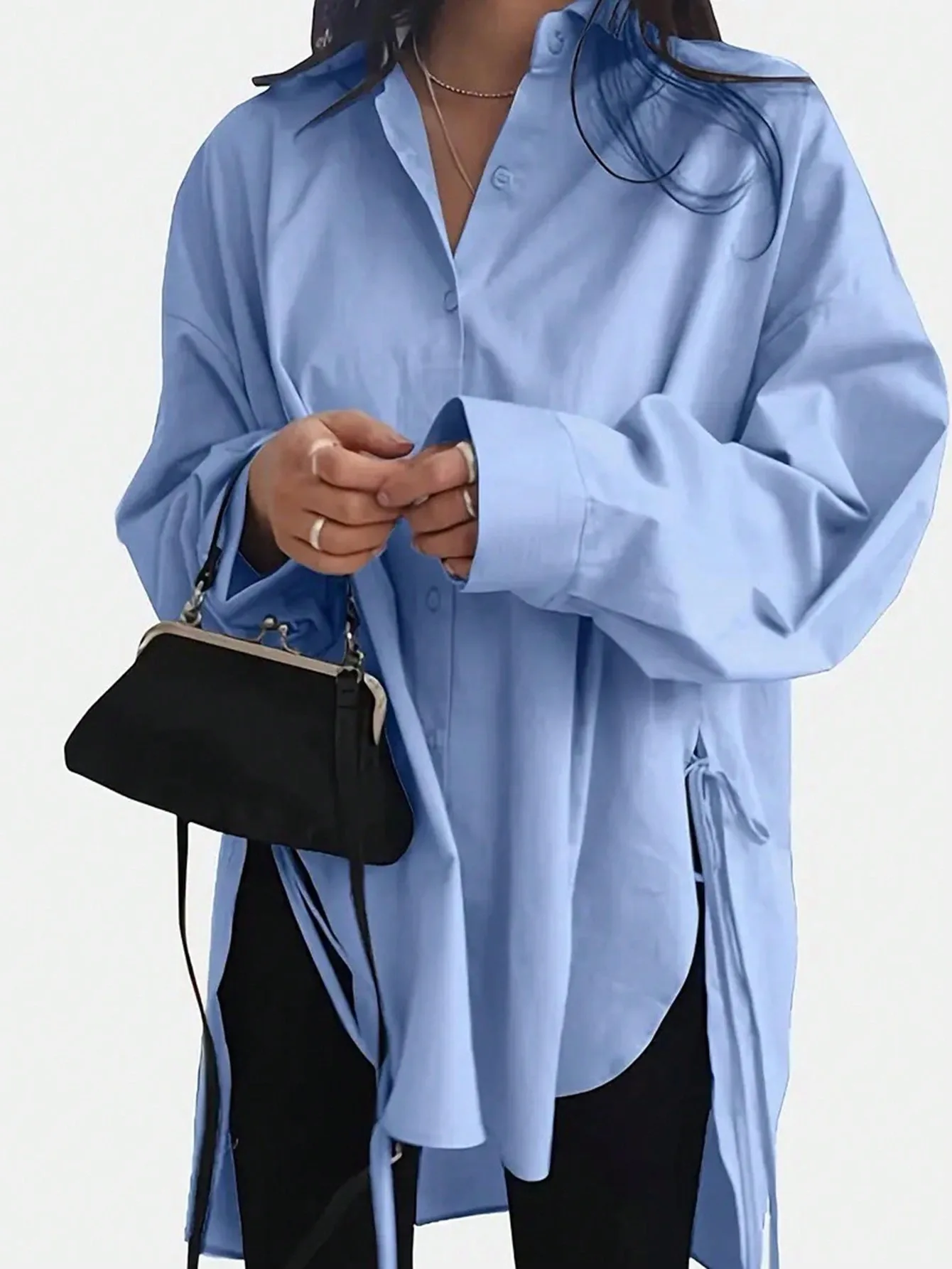 

Women's Loose Slimming Lace-Up Shirt Casual Style High Waist Long Sleeve Pure Color Front Short Back Long Button Closure