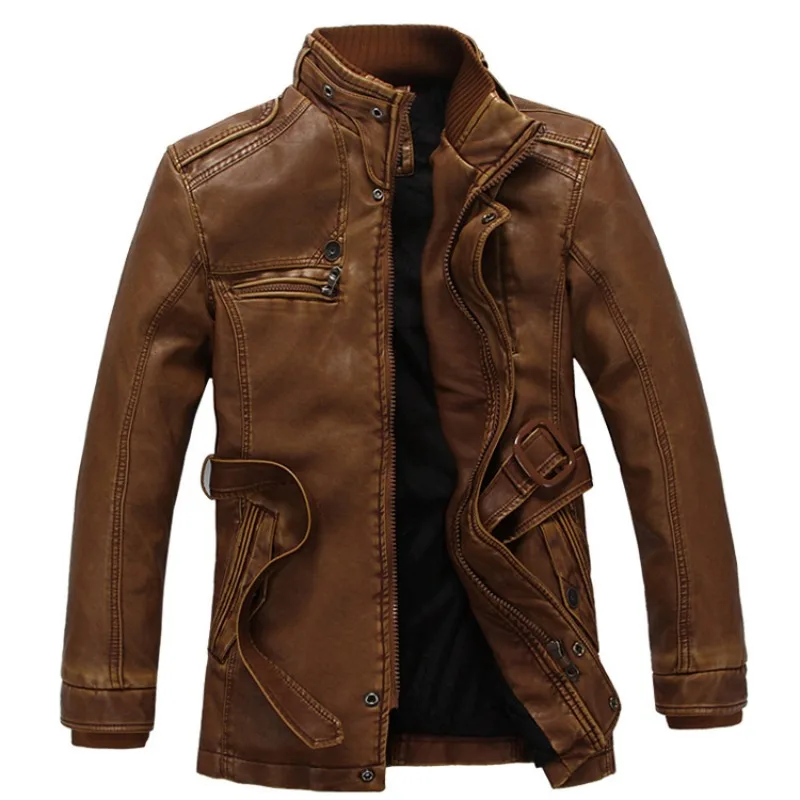 

Autumn and Winter Men's Mid-length Slim Retro Stand Collar Leather Casual Jacket Fashion Personality Leather Jacket Advanced