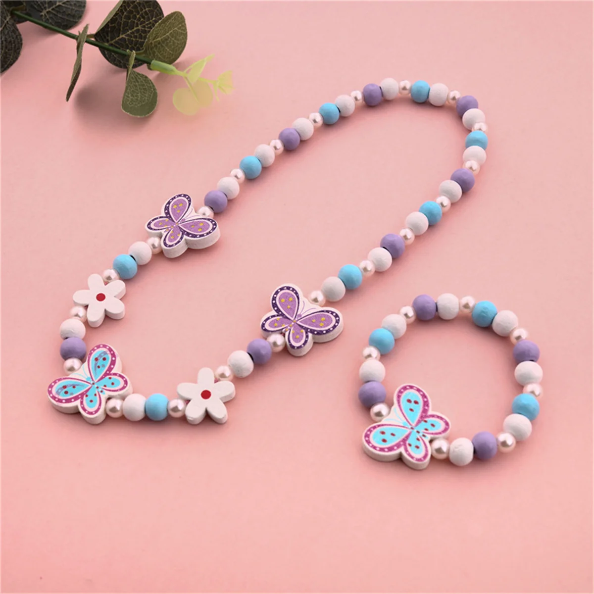 Cartoon Colorful Wooden Unicorn Flower Animal Child Sweater Necklace Bracelet Girl's Gifts Children's Jewelry Kids Toys 2pcs