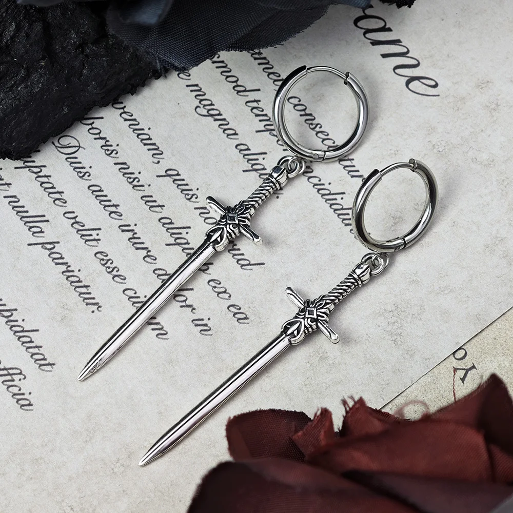 Dark Gother Vintage Middle Ages Sword Earrings Dagger Long Drop Earring For Women Men Silver Color Halloween Fashion Jewelry