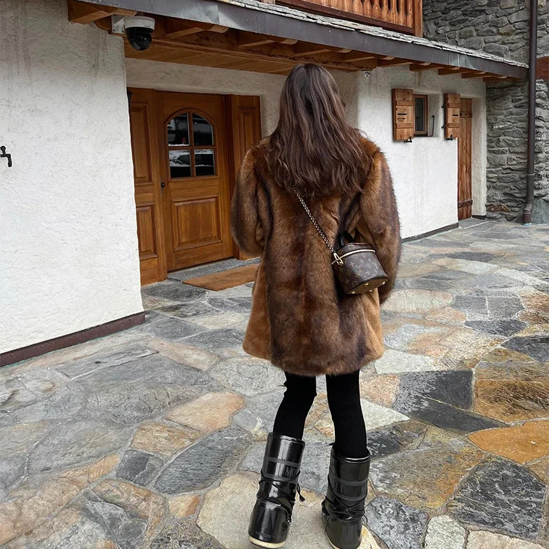 Vintage Brown Gradient Fluffy Fur Lined Jacket Winter Warm Old Money Iconic Stunning Parka Outwear Fashion Vibe Snow Outfits