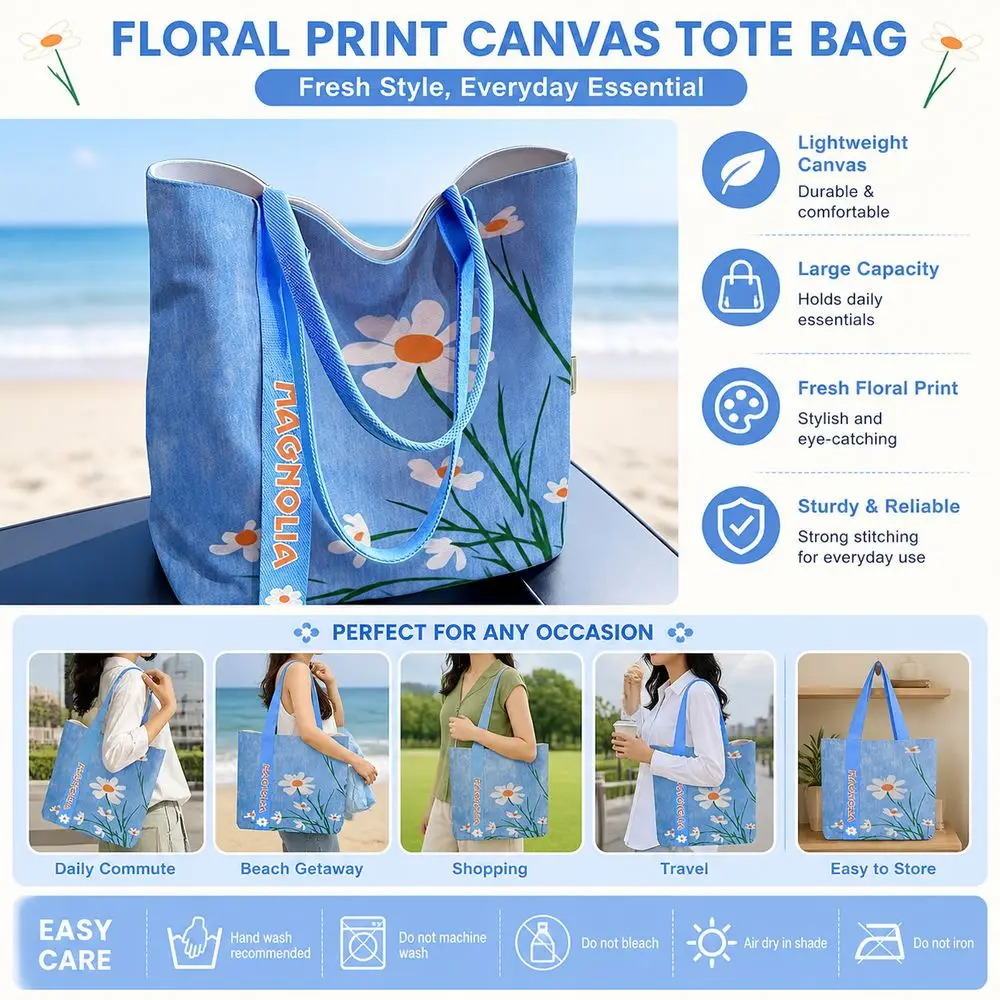 Cartoon Daisy Print Canvas Bag Reusable Lightweight Shoulder Bag Versatile Large Capacity Shopping Bag Women's Accessories