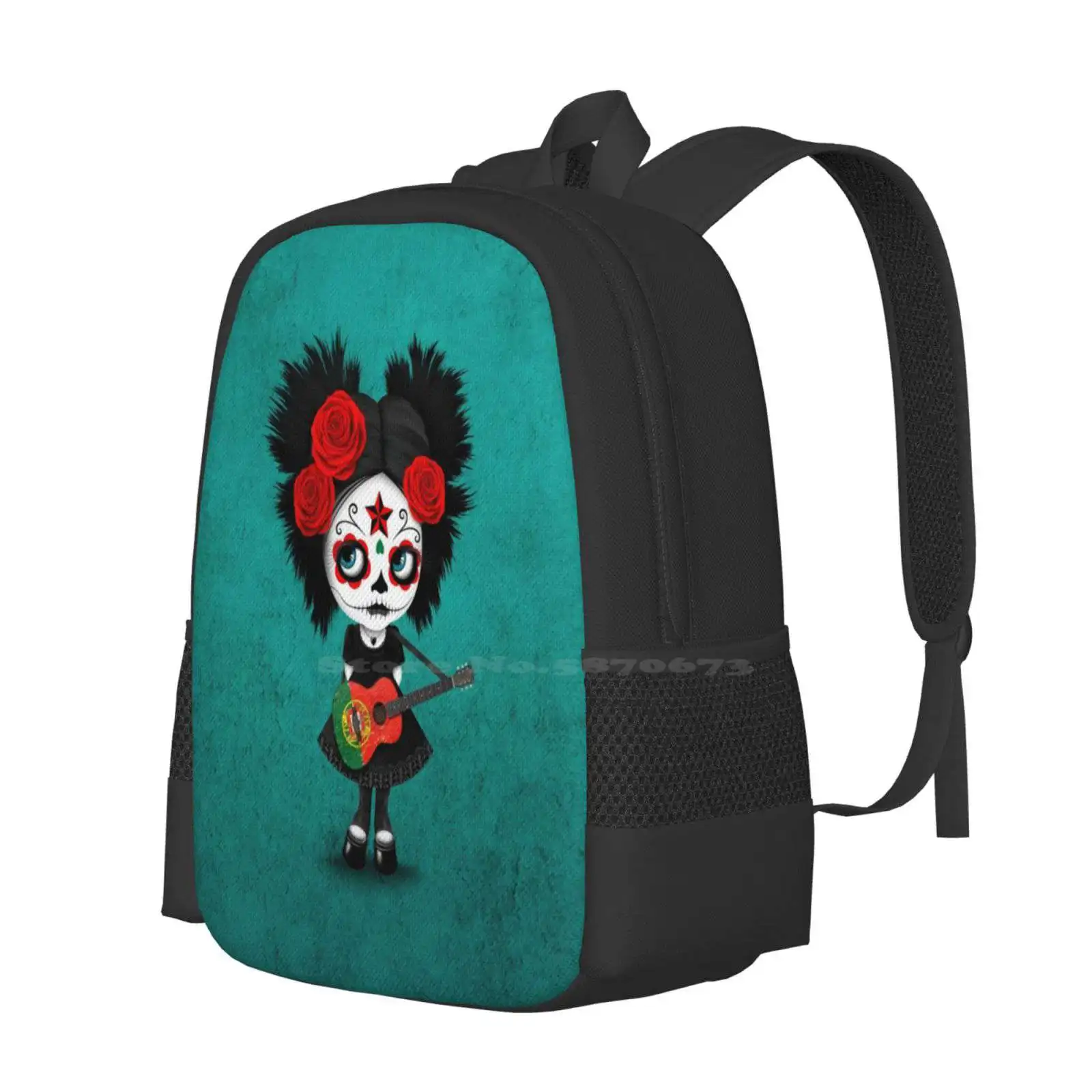 Sugar Skull Girl Playing Portuguese Flag Guitar Pattern Design Bag Student'S Backpack Day Of The Dead Girl Portuguese Day Of