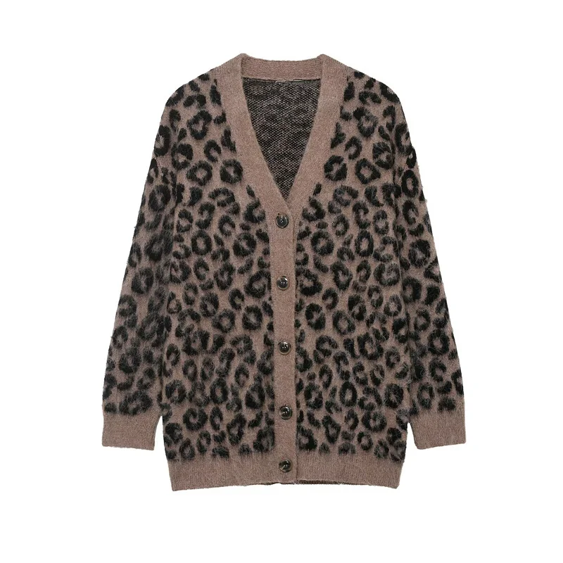 Dave&Di Woman Clothing Spring Autumn Knitwear Cardigans British Fashion Leopard Jacquard Single Breasted Jacket Women Tops 3