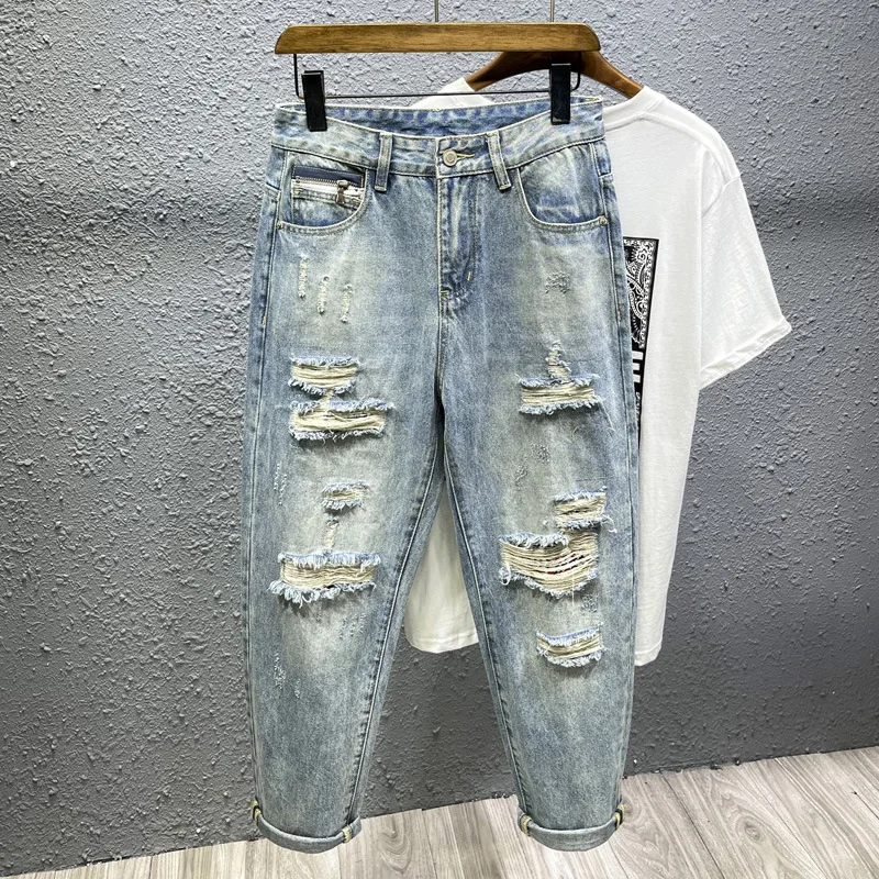 2024 New Ripped Trendy Cropped Pants Men's Spring and Summer Street Tide Brand Washed-out Vintage Distressed Blue Jeans