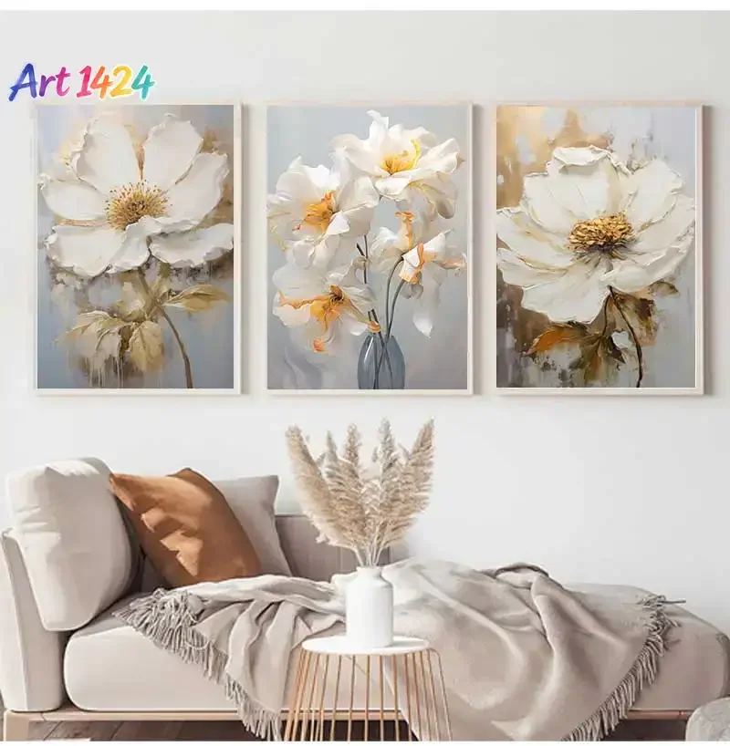 1pc frameless Abstract White Gold Flowers Canvas Modern Nordic Plant Posters And Prints Wall Art Pictures For Living Room Hom