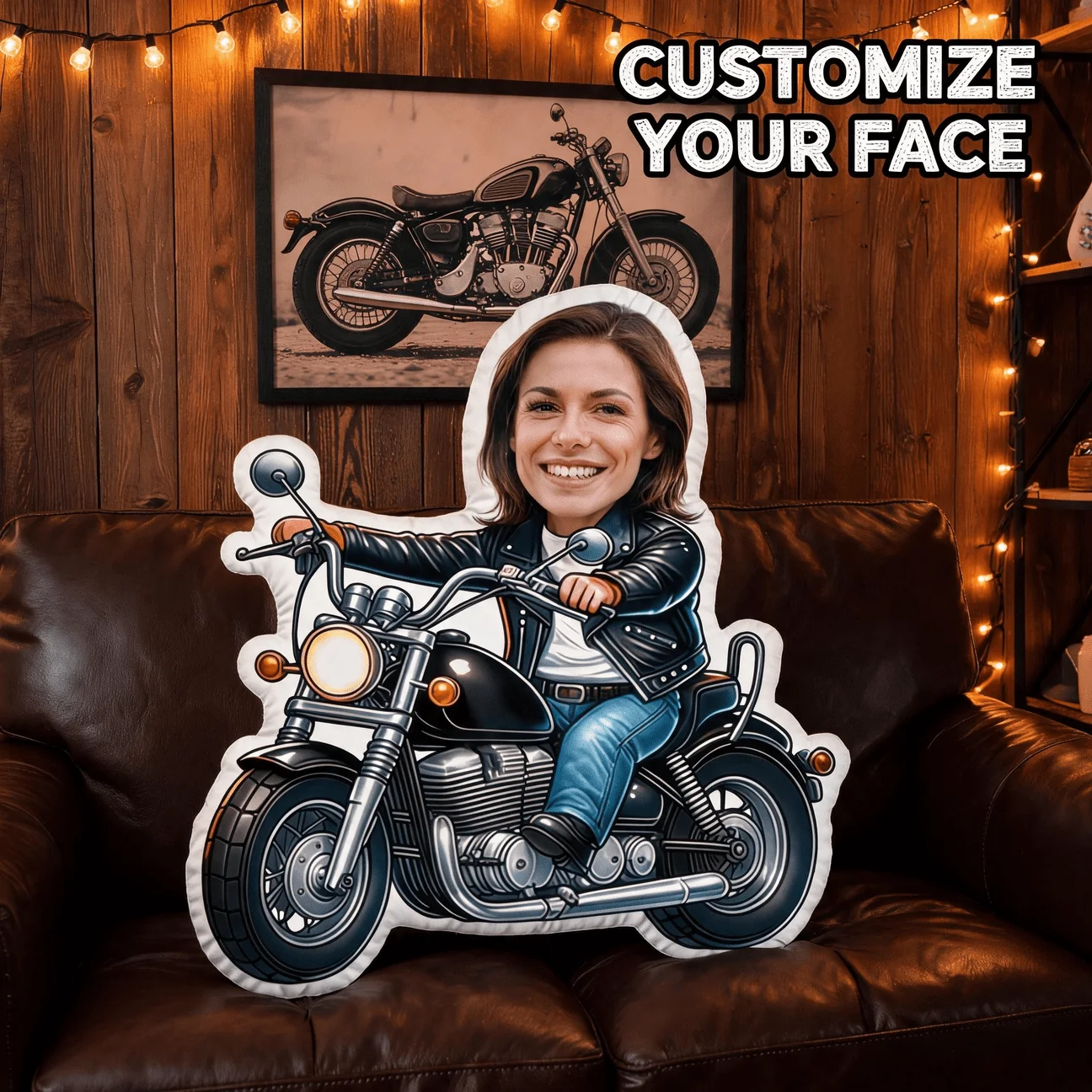 Custom Photo Shaped Pillow, Personalized Woman Riding Motorcycle Decorative Cushion, Leather Jacket Biker Style Accent Pillow fo