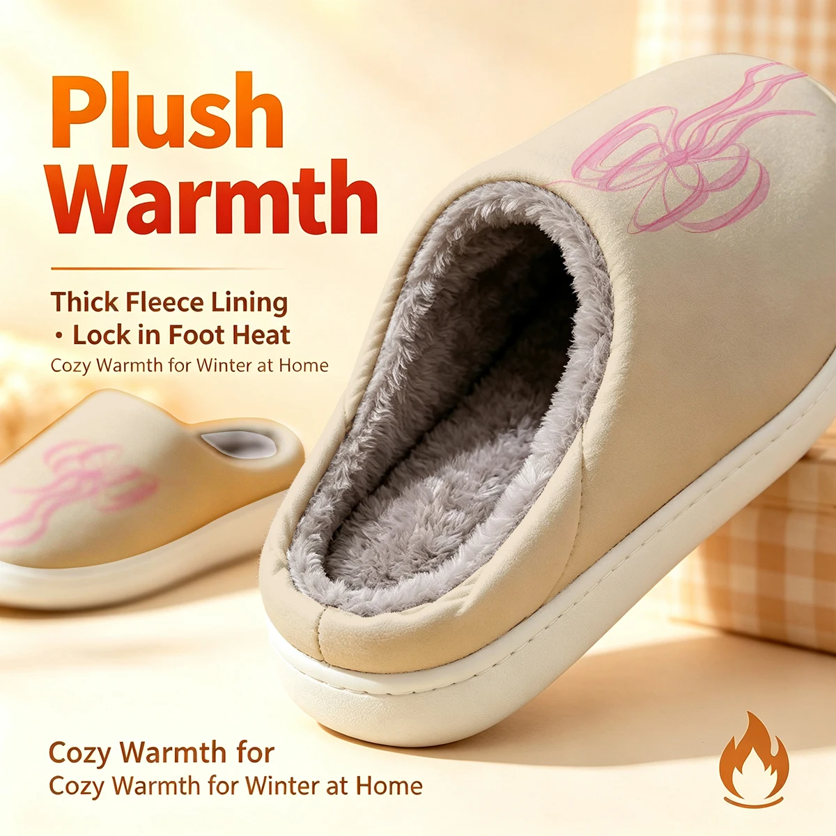 Pink Ribbon Twist Christmas White Slippers Warm Plush Indoor Shoes Non-Slip Winter Slippers Family Holiday Gifts Soft