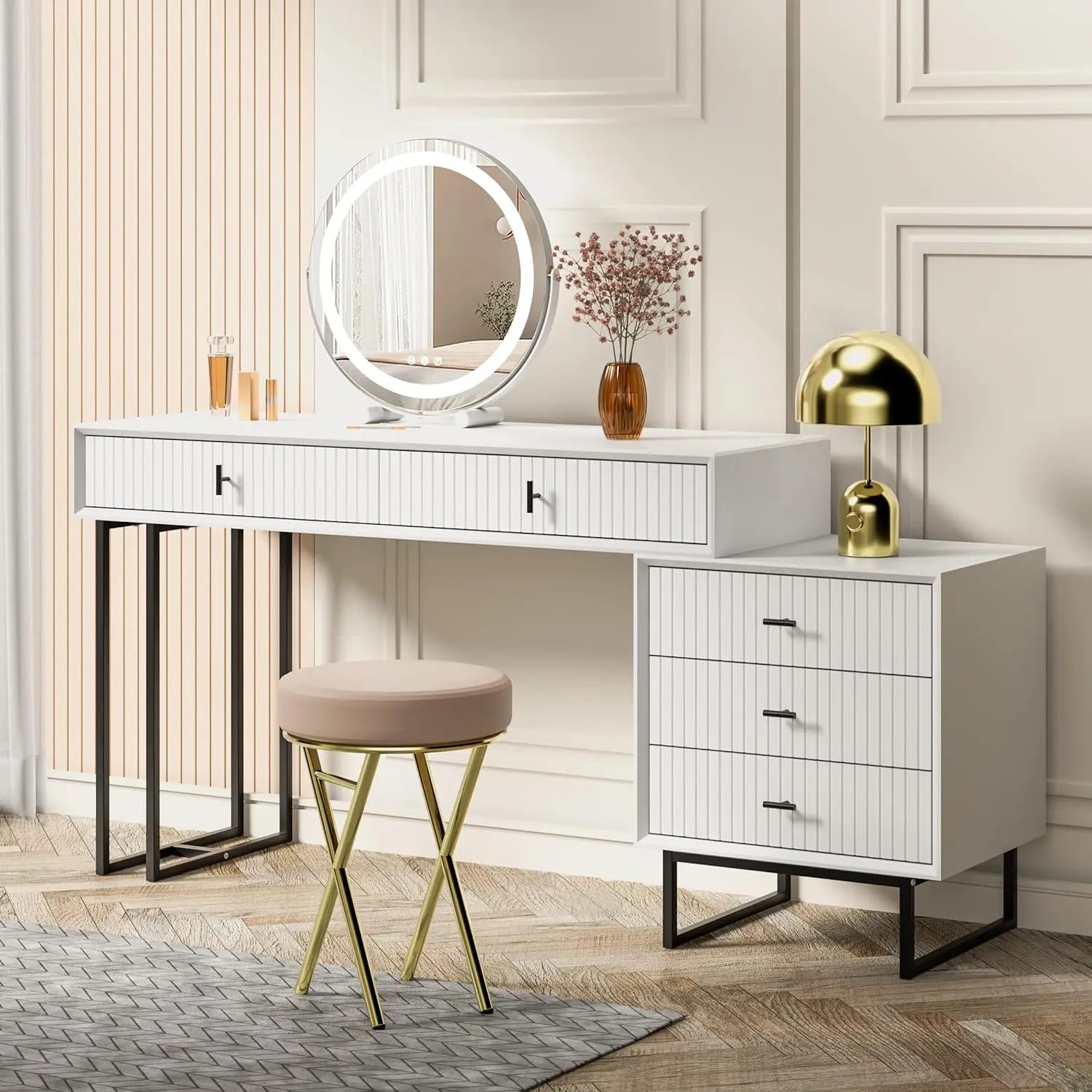 

Large Vanity Desk with Drawers, Makeup Vanity Set with Movable 3-Drawer Chest, Modern Makeup Vanity Dressing Table, Nightstand