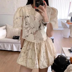 Neploe Fashion Suit Women Handmade Cut Flower Stitching Puff Sleeve Loose Shirt+Wide Leg Swing Shorts 2024 Conjuntos De Falda