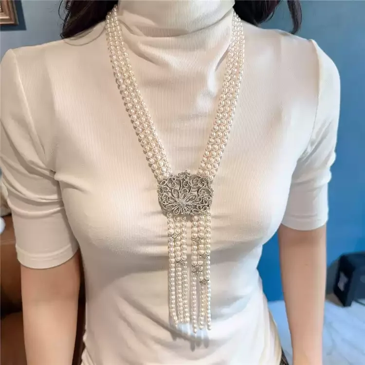 

Handmade 3 Rows Natural Cultured Pearl Cz Pendant Necklace