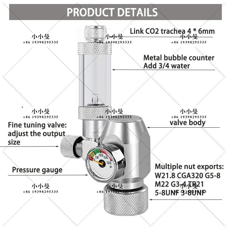 Aquarium DIYCO2 Regulator W21.8/CGA320/G3-4/G5-8/TR21/3-8unf Gas Cylinder Nut Docking Type Fish Tank CO2 Pressure Reducing Valve