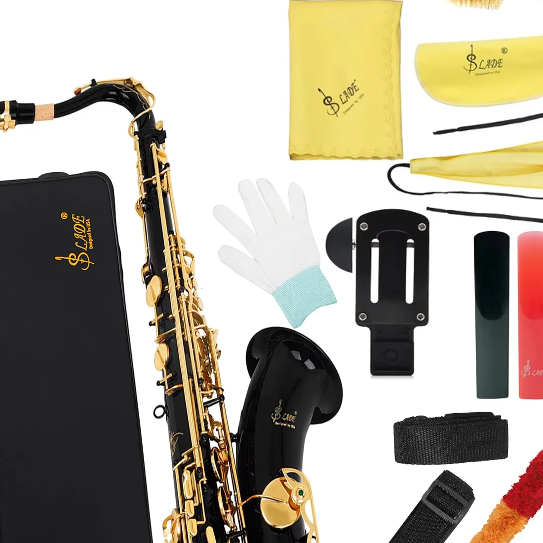 Black Gold Tenor Saxophone B Flat Saxophone Student Beginner with Updated Portable Case Reed Cleaning Kit Gloves Neck Strap
