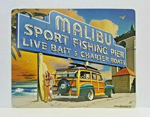 Surf Beach Blechschilder – Malibu – Sport Fishing Pier. Retro Wand Home Bar Pub Vintage Cafe Dekor,