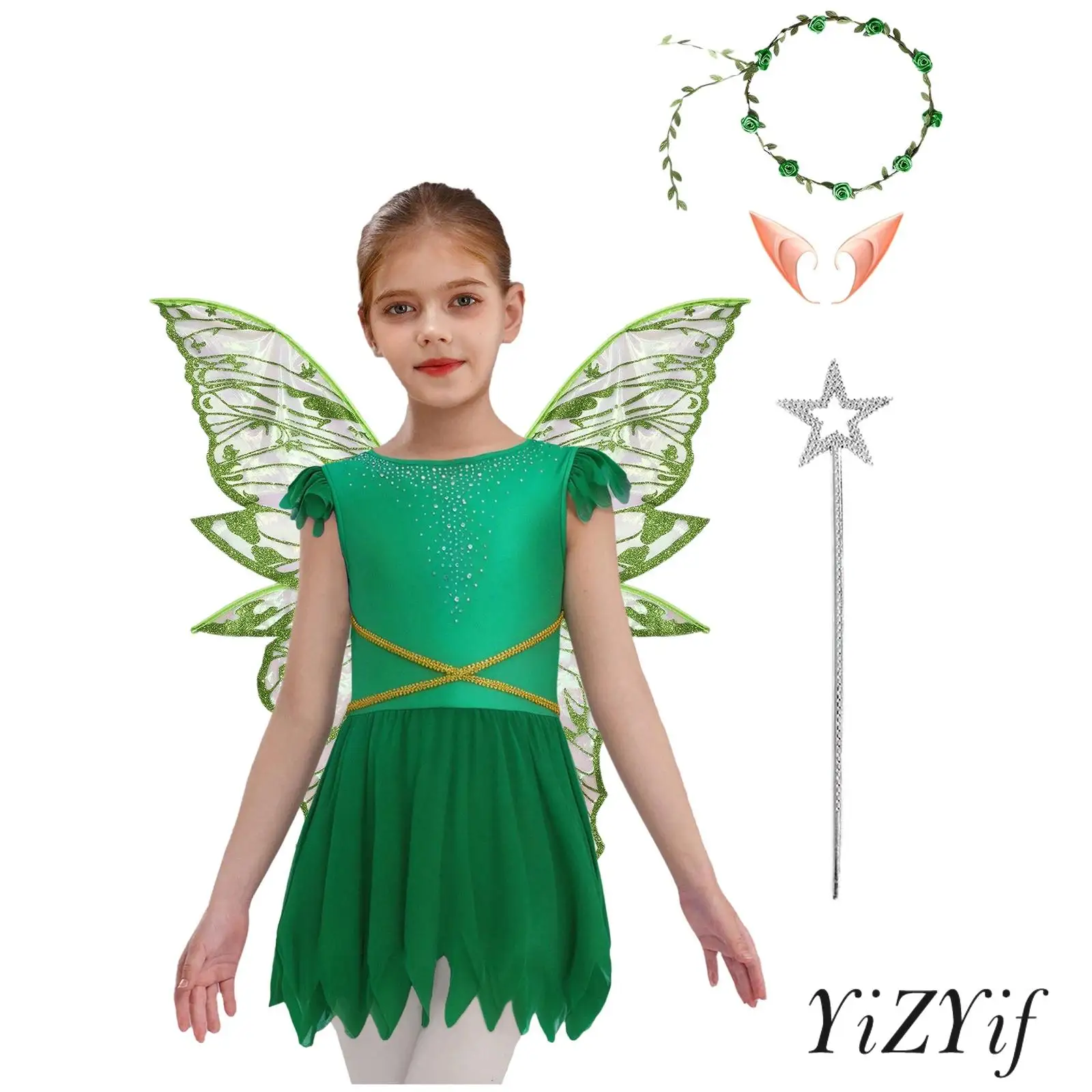 

Girls 5Pcs Fairy Costume Adorn Round Neck Sleeveless Built-In Briefs Dress And Butterfly Wings Fairy Ears Star Fairy Stick Set