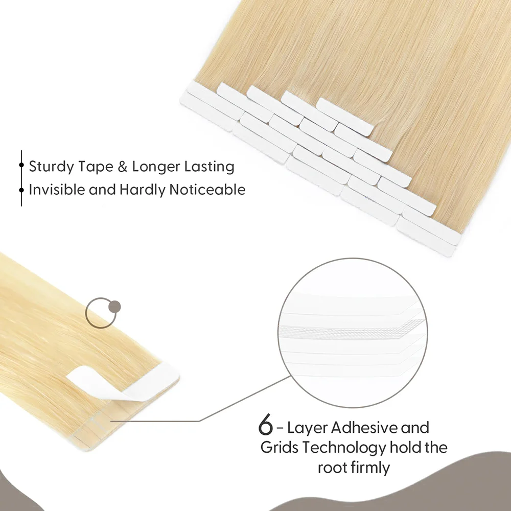 Tape In Hair Extensions Human Hair Blonde Color #613 Straight 100% Real Human Hair Extensions 16-26 Inch Seamless Invisible 50G