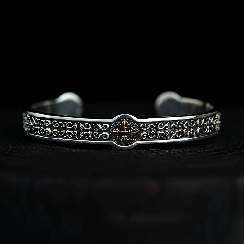 Retro Cross Vajra Bangle For Male Opening High Level Thai Silver Jewelry Chinese the Zang Nationality Style Bangles KOFSAC