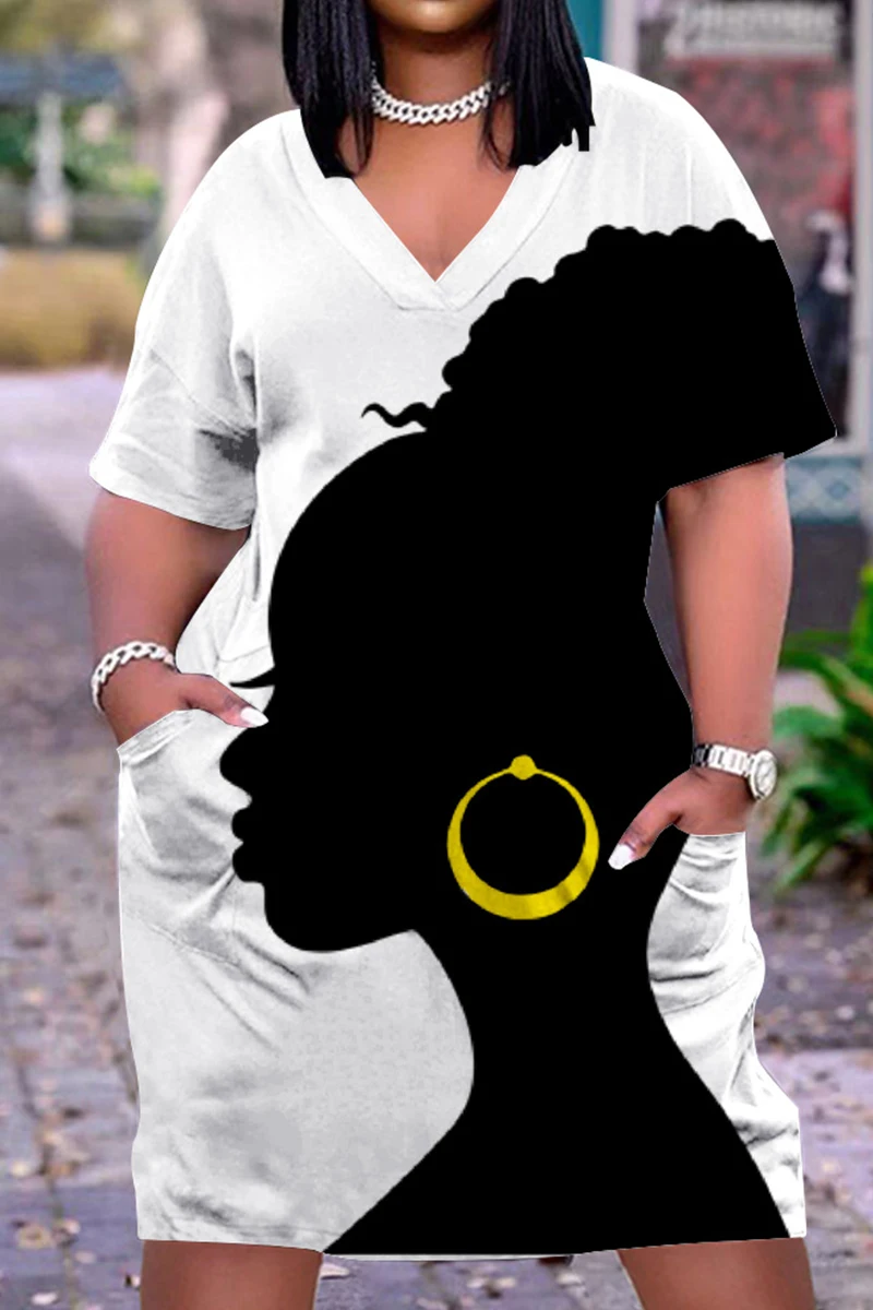 African Black Girls 3D Print Pocket Dress Women Casual Short Sleeve Dresses Bohemian Boho V-Neck Female Woman Midi Party Dresses