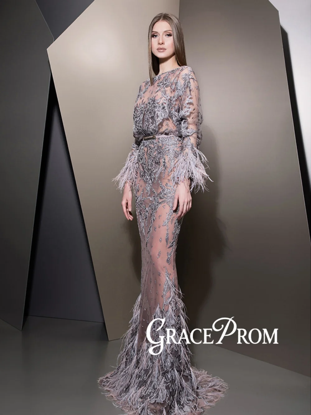 

Feathered Lace Appliques Evening Dress Floor-length Illusion Mermaid Formal Party Gown Customized Long Sleeve Banquet Dresses