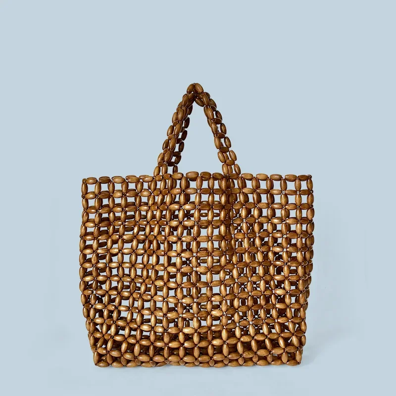 Summer Women\'s Handwoven Totes Beach Holiday Hollowed-Out Wooden Beaded Bag Fashion Fan Shape Clutch Female Purse And Handbags