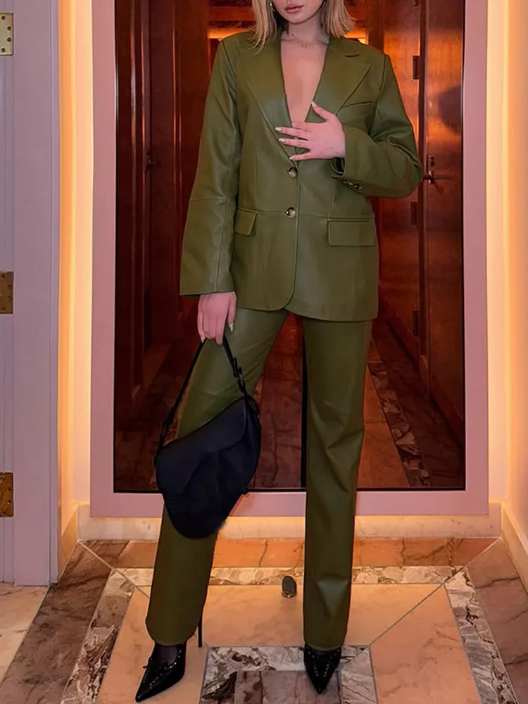 Fashion Green Lapel Pu Leather Coats Suit Causal Wide Leg Straight Pants Sets For Women 2025 Spring Office Lady Commuting Outfit