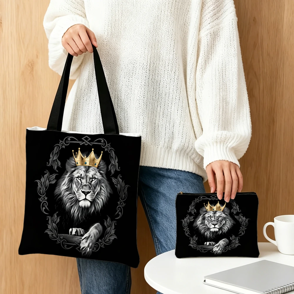 

Lion King Crown Black Tote Bags And Makeup Bag Combination Fashionable Everyday Use For Women Men Portable Pouch