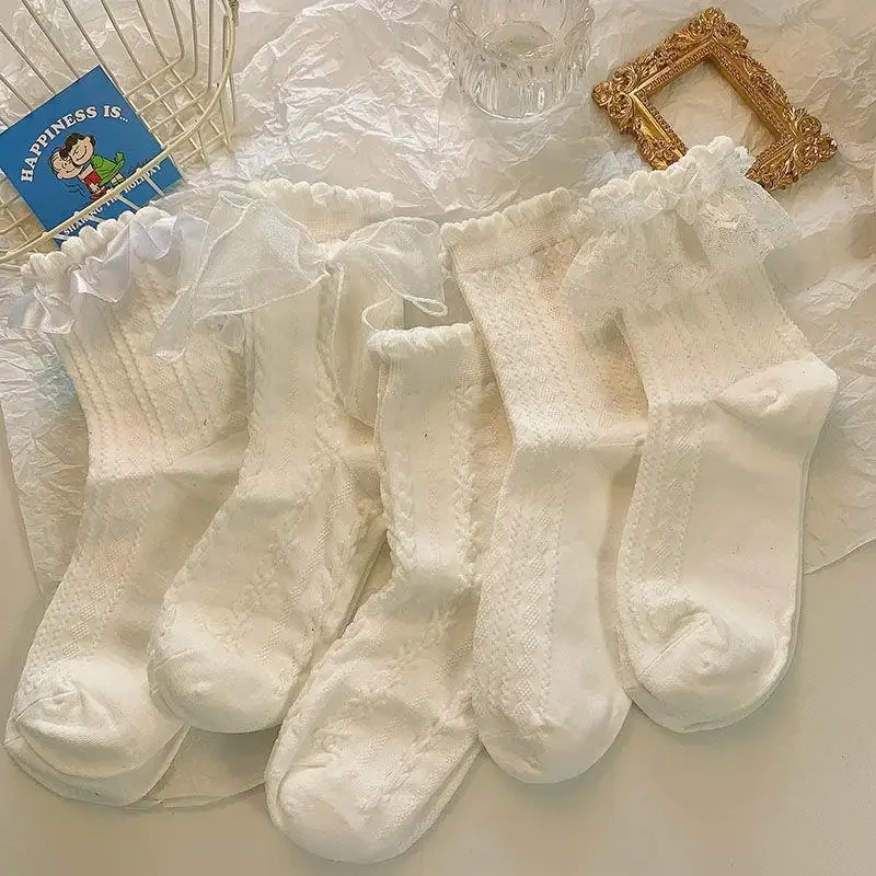 5 Pairs Lolita Socks White Bow Lace Socks Middle Tube Japanese College Style Princess Socks Sweet JK Streetwear Hosiery