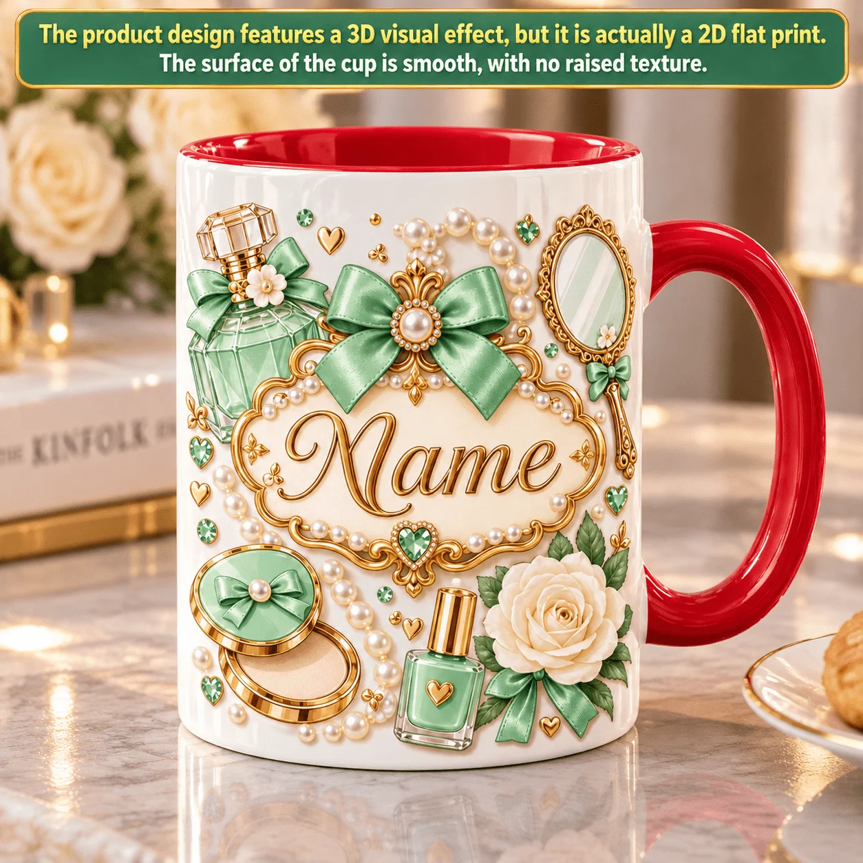 2D1pc 11oz Custom Personalized Green Luxury Makeup Mug, Birthday Gift for Girls & Bestie Home Coffee Cup, Hand Wash Only Microwa