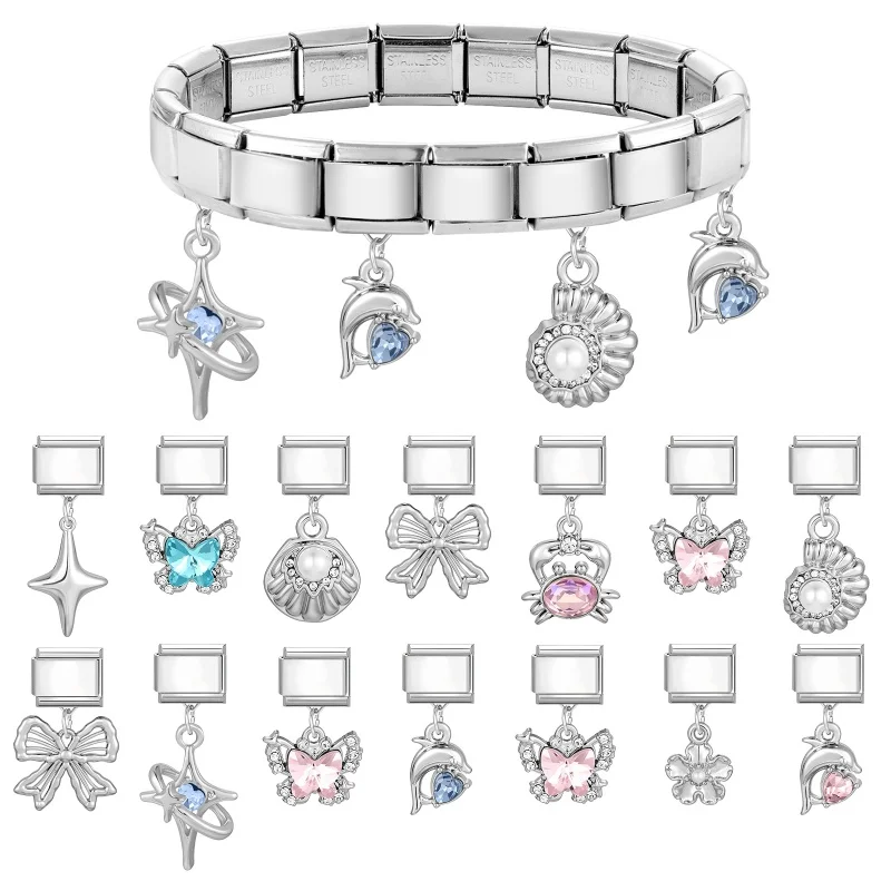 Zircon Butterfly Dolphin Star Bow Italian Charm Link Fit 9mm Stainless Steel Bracelet Women Jewelry DIY Making Gift Wholeasle