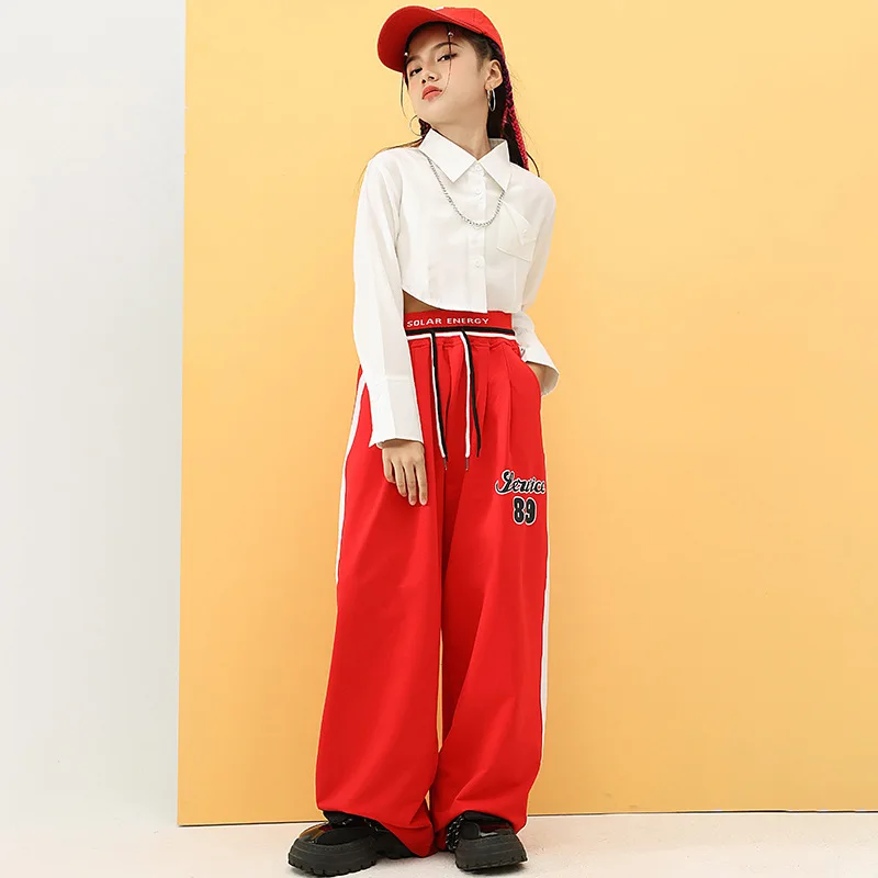 Kid Hip Hop Clothing White Short Crop Top Long Sleeve Shirt Red Casual Street Sweat Pants for Girl Jazz Dance Costume Clothes