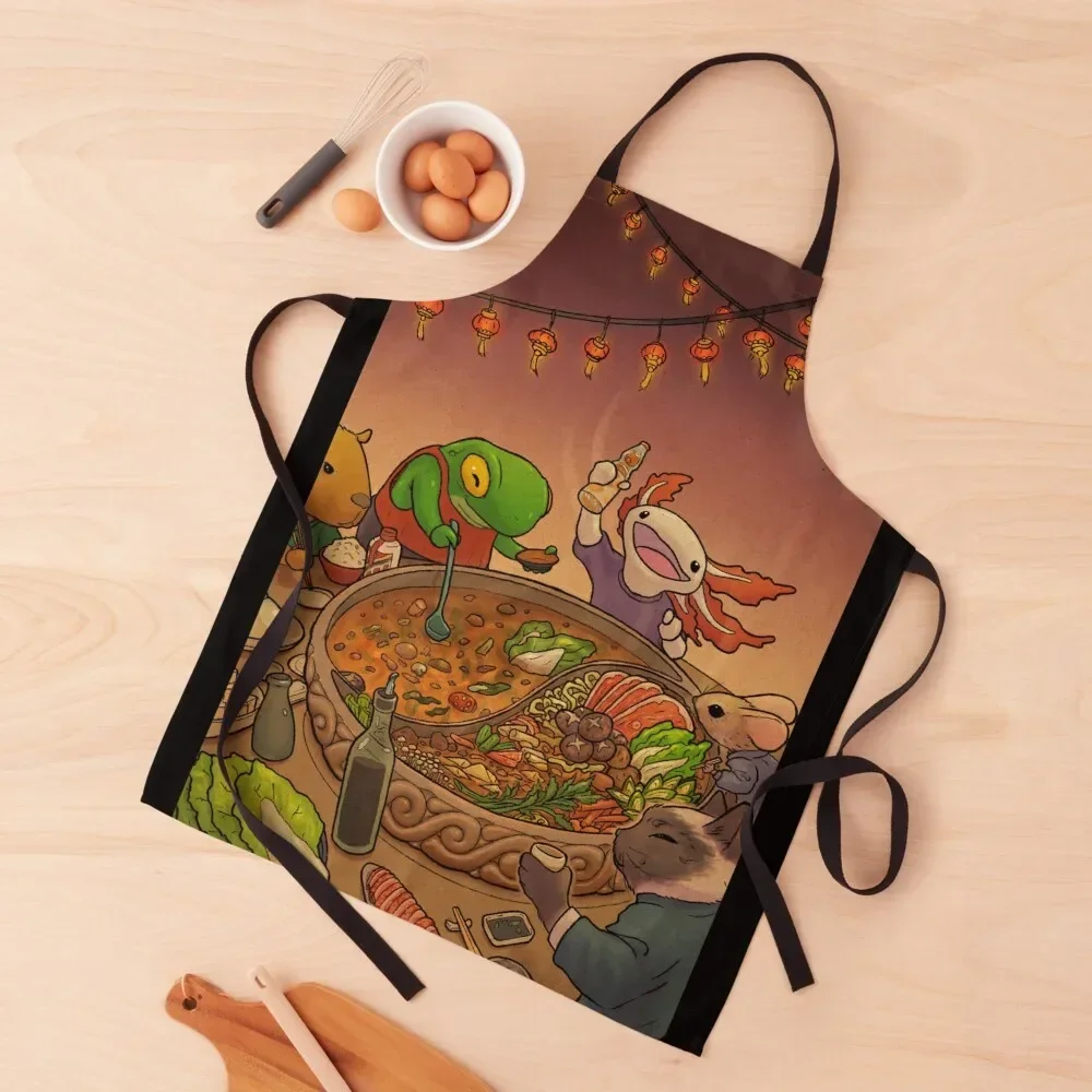 Asian Hotpot Night with Cute Frog, Axolotl, Cat, Mouse, and Capybara Apron Women's Dress Apron