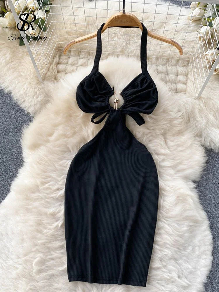 

SINGREINY Sensual Camis Female Dress French Sleeveless Lace Up Sheath Dress 2023 Women Slim Short Halter Backless Sexy Dress