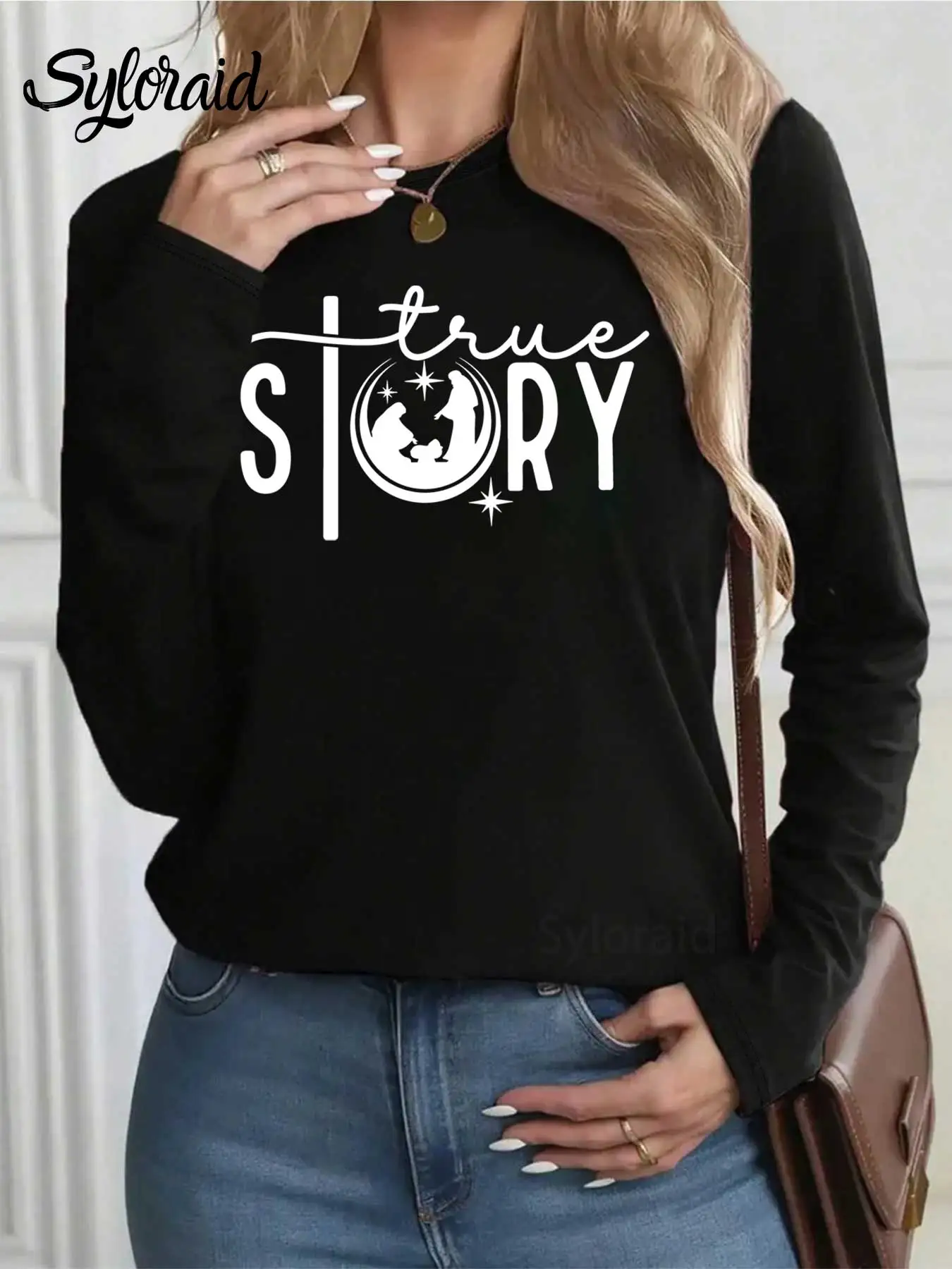 Camiseta de manga larga para mujer, camiseta cristiana de Navidad religiosa, historia verdadera, Natividad de Jesús, Top informal de cuello redondo a la moda