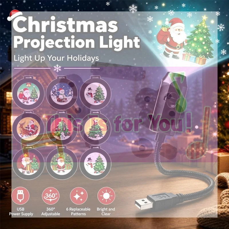 USB Projector Light Christmas Reindeer Santa Claus Night Light Switchable Pattern LED Projector Lamp For Room Ceiling Wall Deco