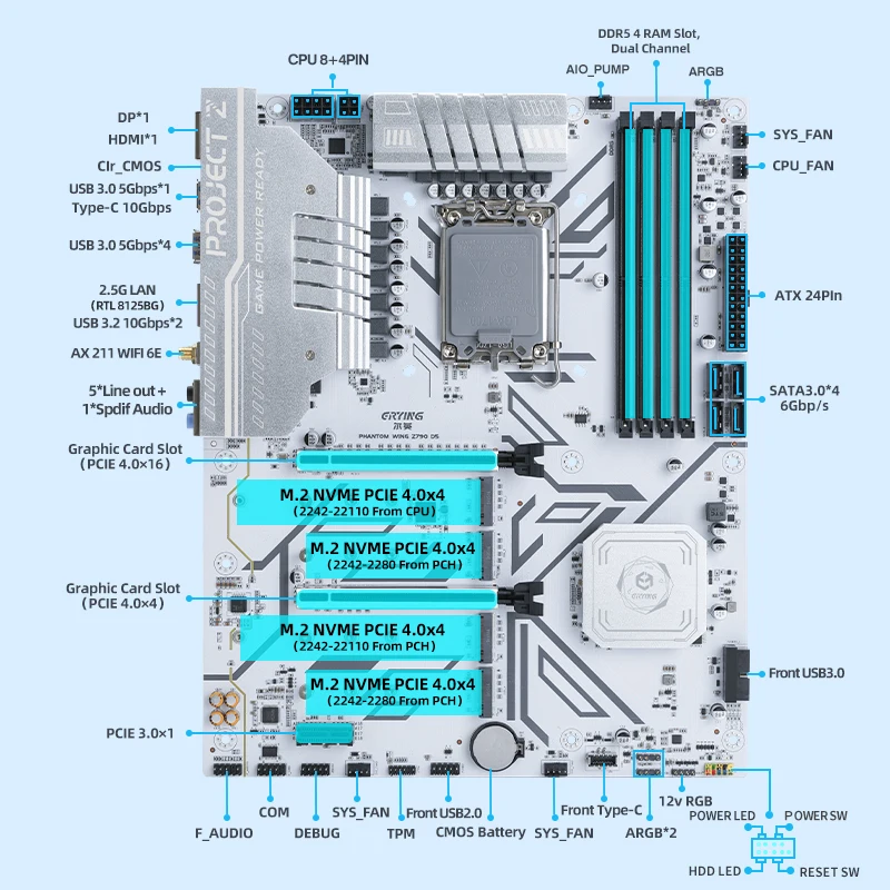 Imagem -02 - Placa-mãe Ddr5 Wifi 6e 2.5gbps Placa-mãe Lga1700 Suporte Argb Atx M.2 Pciex16 4.0 Pciex16 4.0 Erying-z790