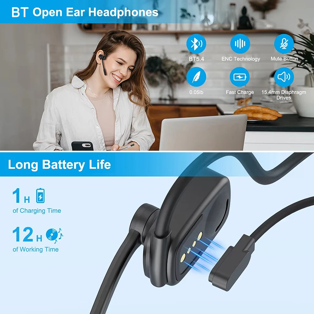 Open Ear Headset Bluetooth Wireless Headphones Earbuds with Noise Cancelling Mic Mute Button for Office Running Cycling Driving
