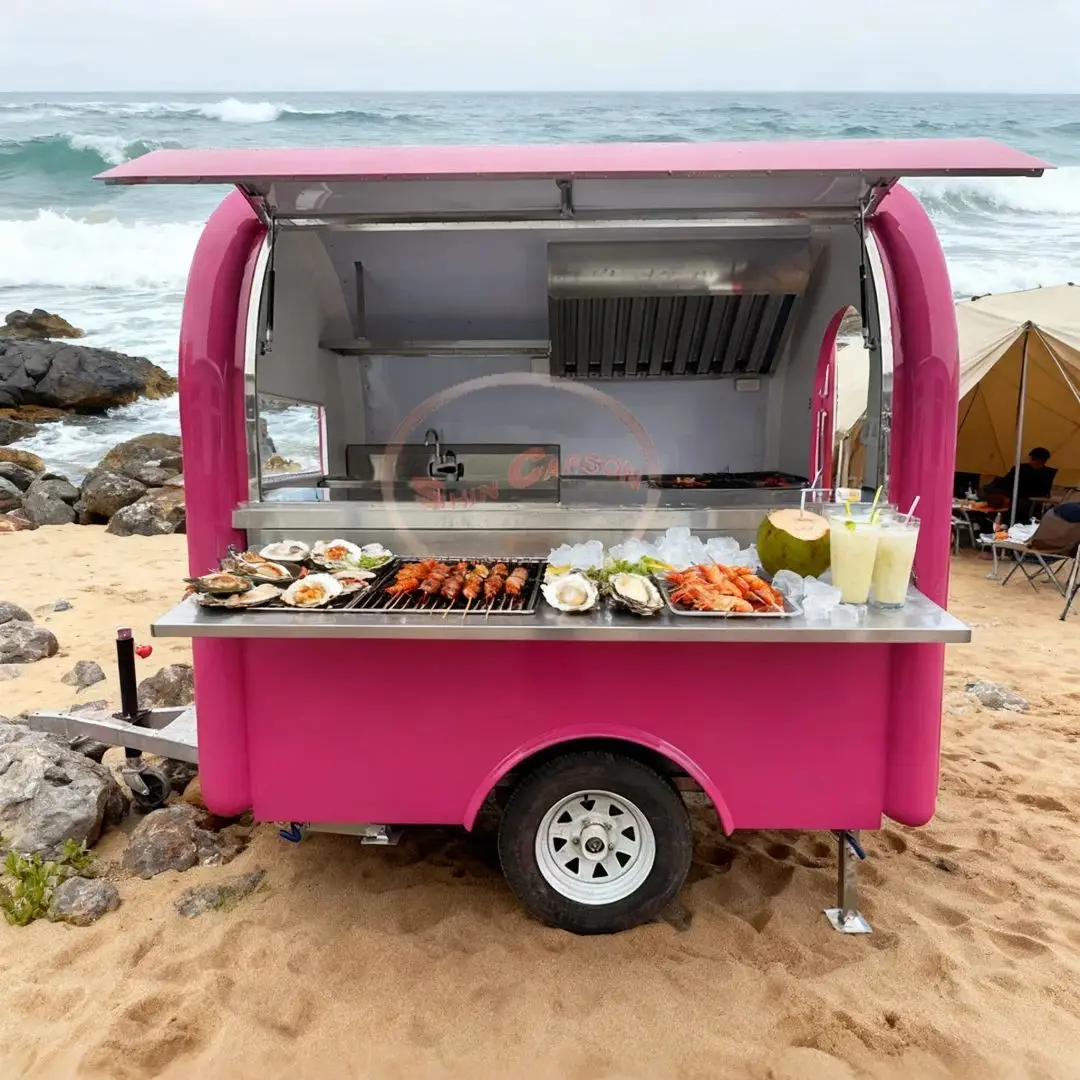 

Pink Fiberglass Mobile Food Trailer Kitchen Cart with Sink And Refrigerator for Fast Food Vending